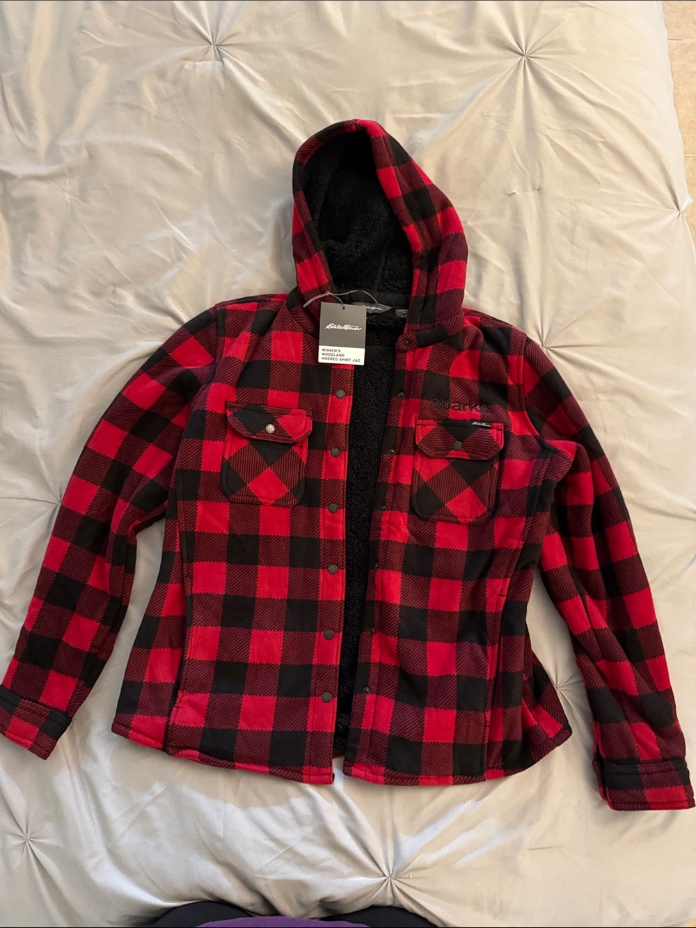 Eddie Bauer Red & Black Buffalo Plaid Hooded Sherpa Jacket